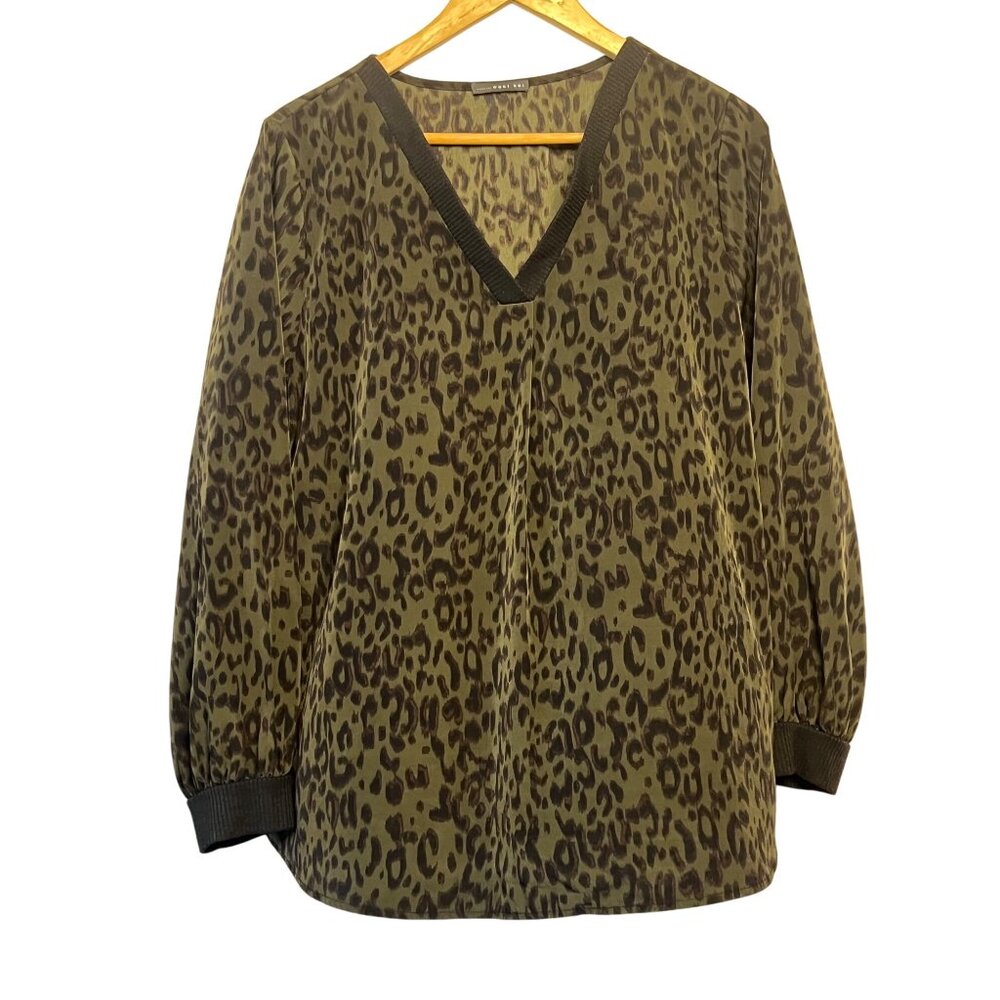 West Kei Womens XXL Leopard Print V-Neck Blouse  Green & Brown Pullover Cheeta